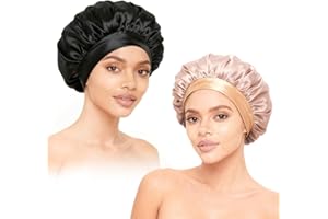 WMM 2Pcs Satin Hair Bonnets,Silk Bonnet for Sleeping, Soft Elastic Band Silk Sleep Cap, Hair Wrap for Women (Gold Black)