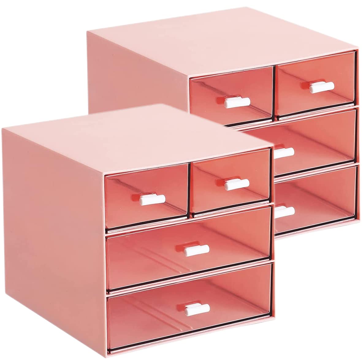 Umtiti 2 PCS Desk Storage, Makeup Storage Box With 4 Drawers, Plastic Office Stationery Supplies Organizers, Desktop Organizer for Office School Home And Bathroom (Pink-2pcs，UK)