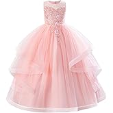 IDOPIP Sequin Flower Girl Dress for Wedding Pageant Tulle Ball Gown Prom Kids Princess Birthday Party Bridesmaid Maxi Dresses