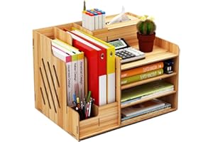 Wooden Desk Organizer, Large Capacity DIY Office Supplies Storage Box File Rack Paper Document Magazine Holder Sorter (Cherry