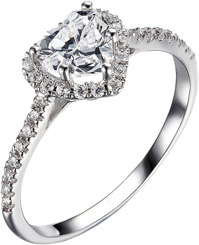 Lourve Rhodium Plated Sterling Silver Engagement Ring Heart Cut Cubic Zirconia Heart Halo