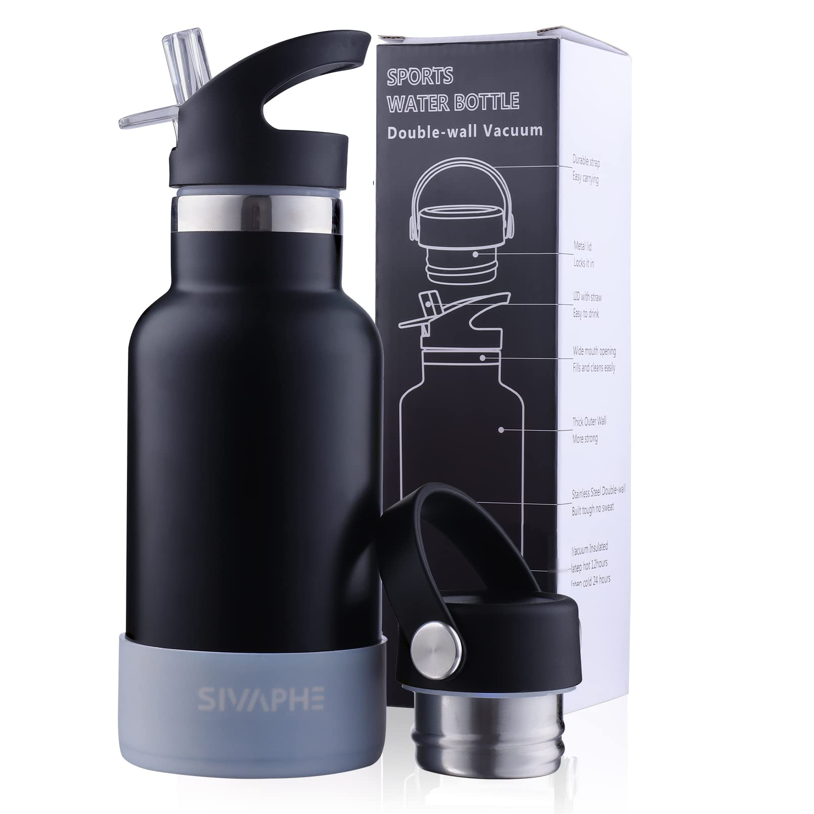 Sivaphe Insulated Bottle 350ml Leak-Proof Stainless Steel Double Walled Vacuum Drink Flasks with Lids and Straw for Sports Outdoor Hiking Camping Black