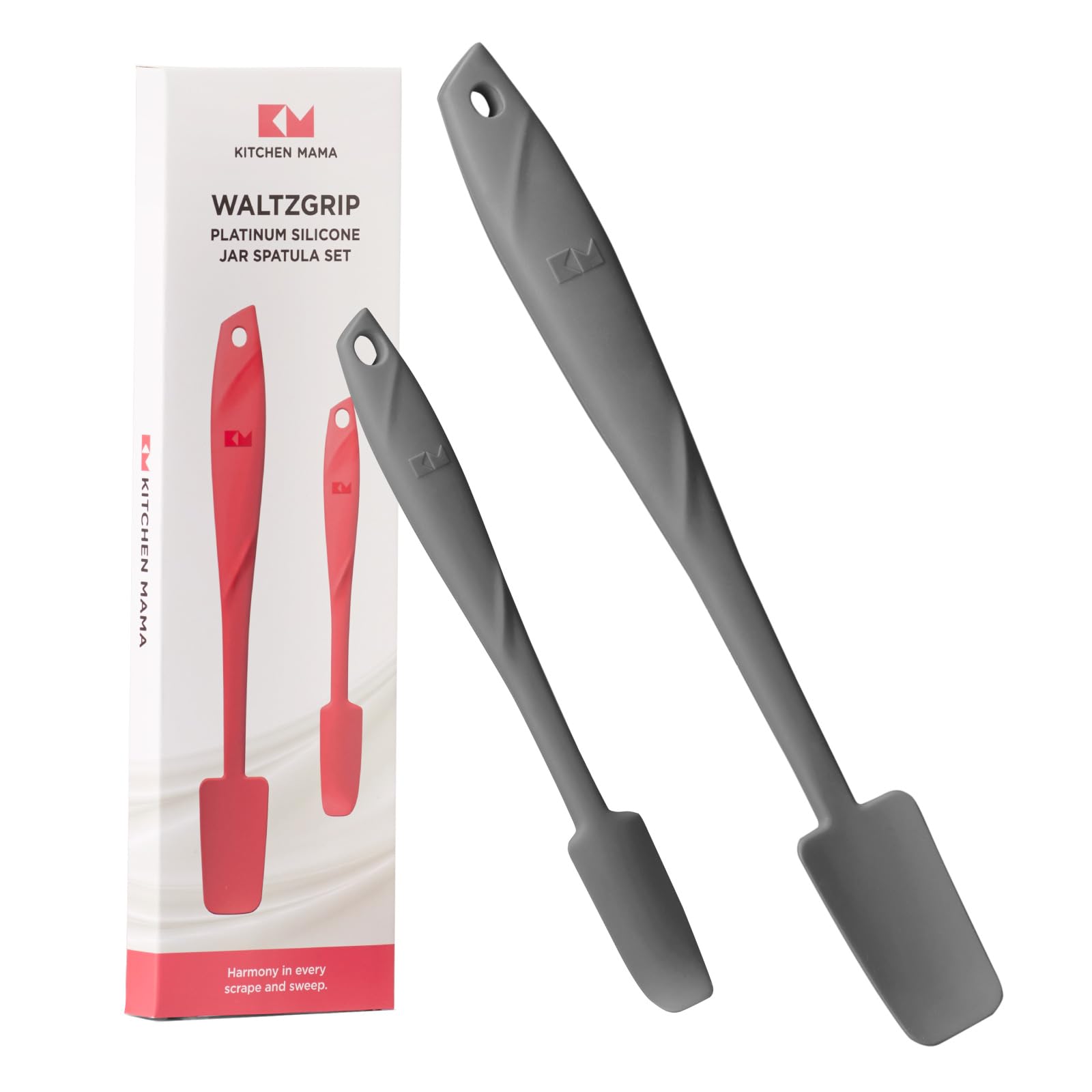 Kitchen Mama WaltzGrip Platinum Silicone Jar and Can Spatula Set: Heat-Resistant, Dishwasher Safe, Ergonomic Grip, Perfect for Mixing, Scraping, Scooping, Nonstick Cookware (Metal Grey)