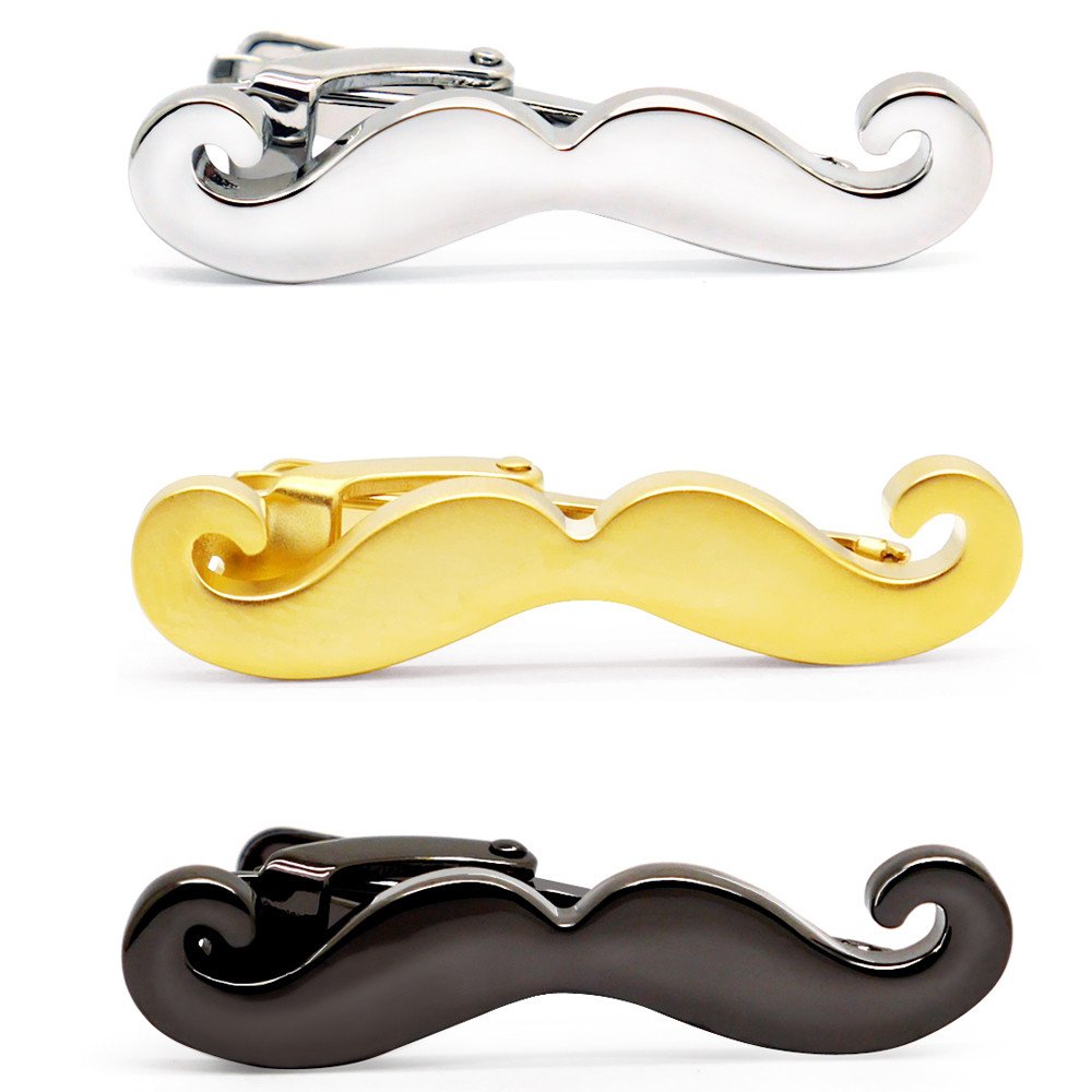 HONEY BEAR 3pcs Mens/Boys Moustache Beard Tie Clip Bar Set for Skinny Narrow Size/Normal Size Tie Stainless Steel for Business Wedding Gift (3.8cm with box)