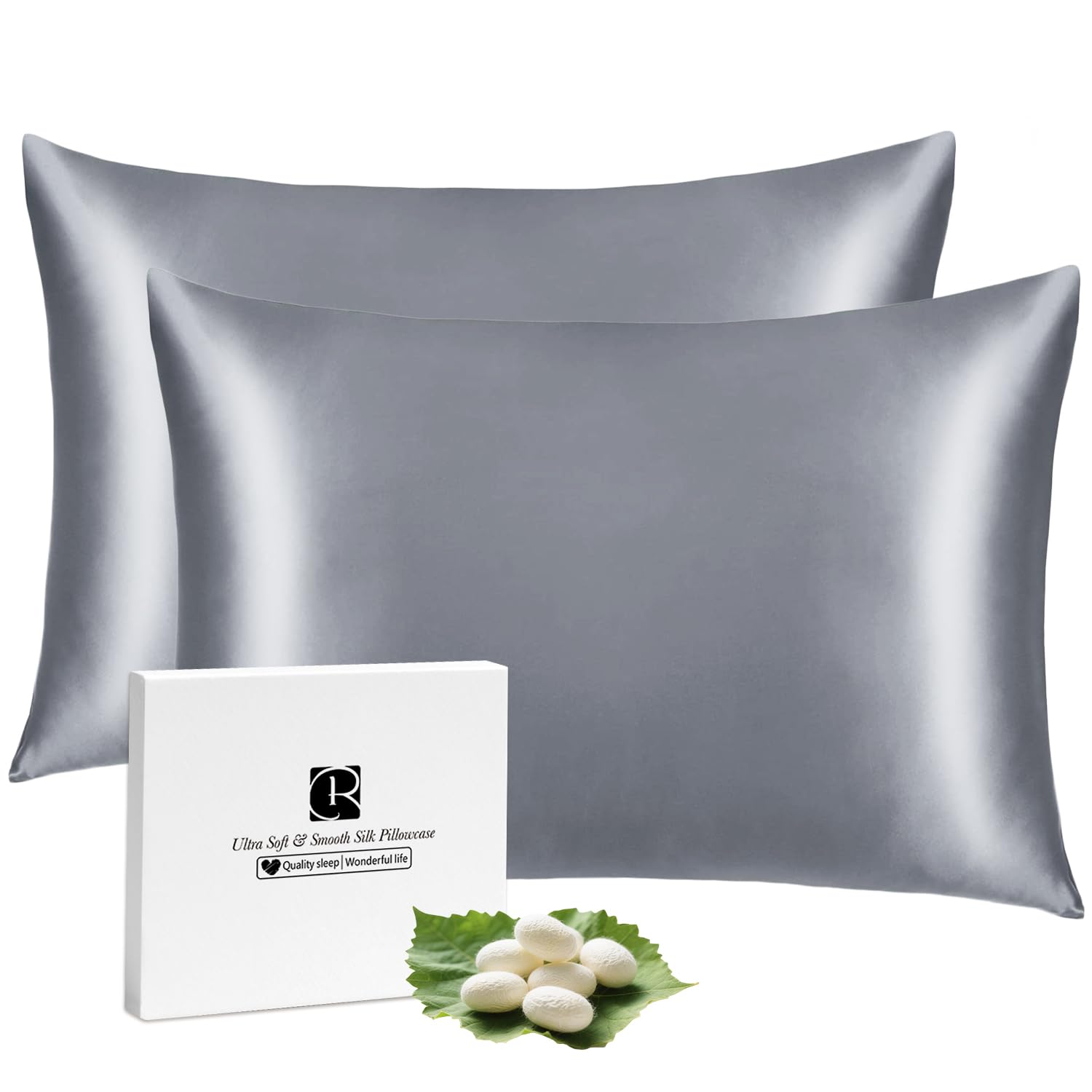 Ravmix Silk Pillowcase for Hair and Skin 21Momme Both Sides Mulberry Silk Pillow Case with Hidden Zipper, 2 Pack, Standard 50×75 CM, Lilac Grey — image 1