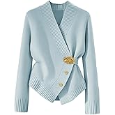 MakeMeChic Women's Metal Button Up Sweaters Cardigan Wrap V Neck Tie Back Long Sleeve Knit Tops