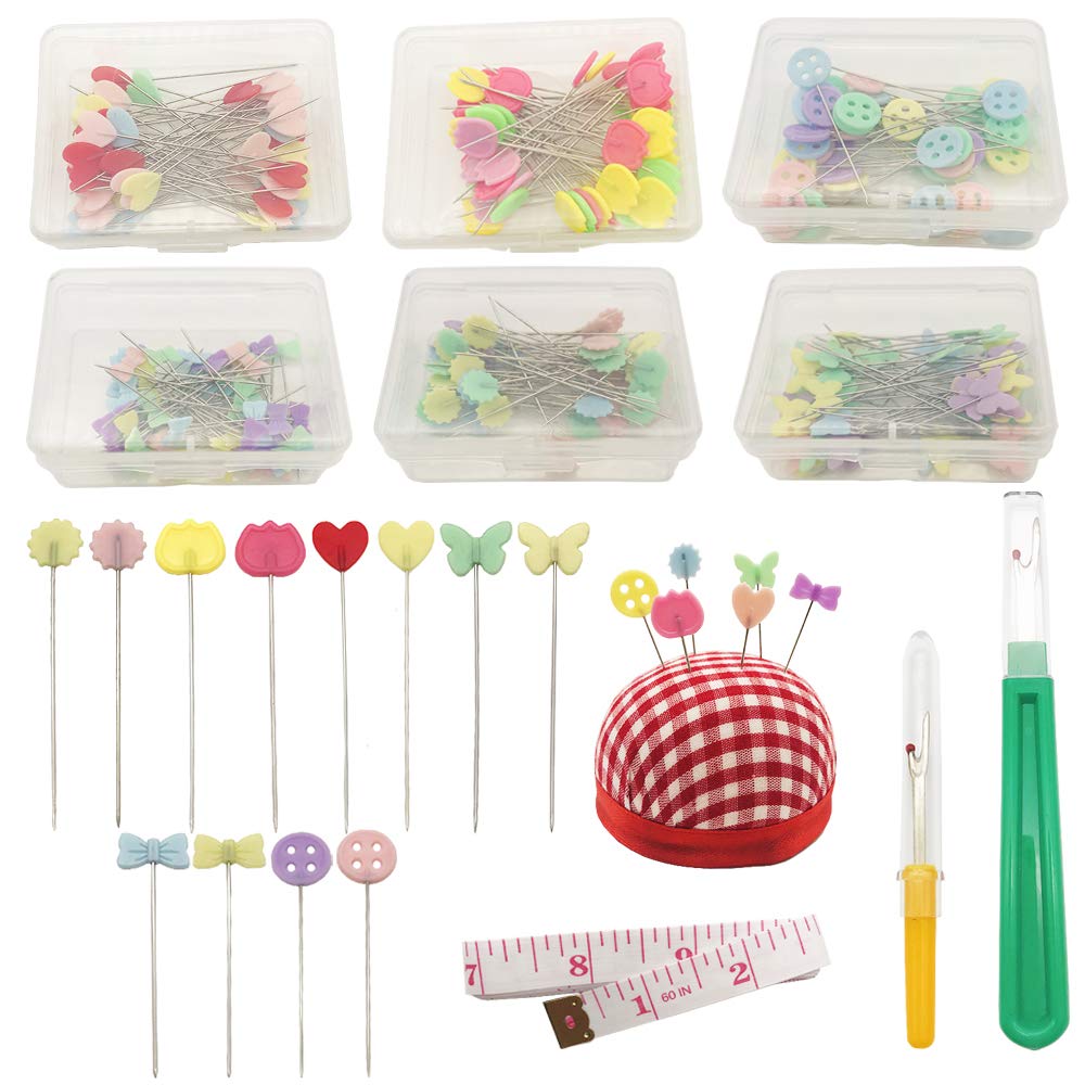 ENGESTON Multi Shape Flat Head Sewing Straight Pins Set, Includes 300 Pcs Assorted Colors 6 Shapes Straight Pins with Pincushion, 2 Seam Rippers Tape Measure for Sewing Projects Art