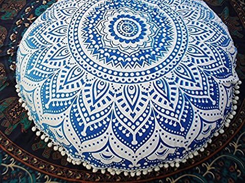 Devanshi Art Creations Ombre Mandala Floor Pillow Covers Blue Round Bohemian Cushion Cover Ottoman Pouf Cover Hippie Decorative Cushion case Cover only
