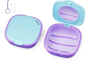 ONTERATE Magnetic Retainer Box with Mirror, Compact Denture Case with Vent Holes & Retainer Remover Tool & Chewies & Brush, Protable Aligner Cleaner Case for Night Mouth Guards, Braces (Blue Purple)
