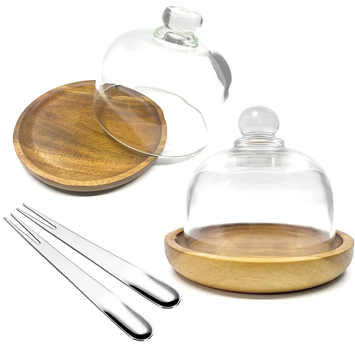 Photo 1 of 2 Pack Ultra Mini Wooden Base Cake Display Stand with Glass Dome,Cloche Clear Glass Bell Jar Cover for Dessert Cheese Candy Plants Succulents (4.1 x 3.7 inch)
