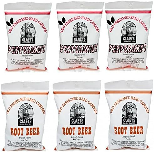 Claeys Old Fashioned Hard Candy - Variety 6 Pack - Peppermint and Root Beer - 3 of Each Flavor - 36 Ounces Total