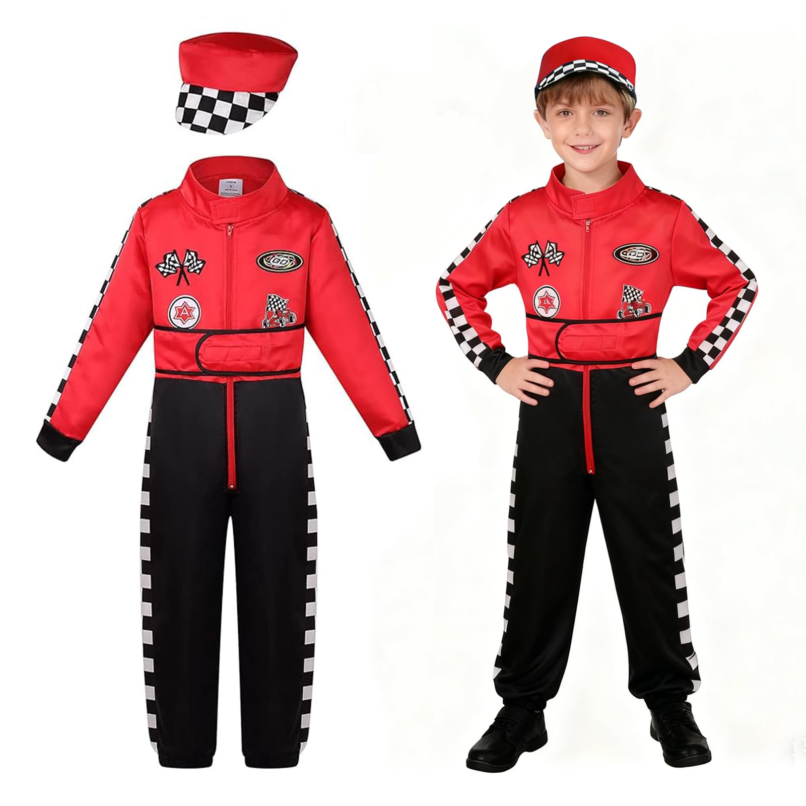 maxToonrain Deluxe Racing Driver Costume with Hat Kids F1 Driver Outfit for Halloween Role Play Christmas World Book Day (Red,7-8 Year) — image 1