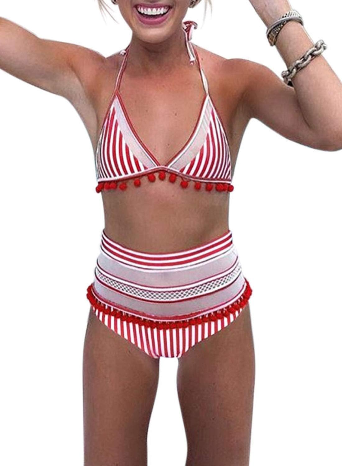 MUMUBREAL Womens High Waist Bikini Set Two Pieces Swimwear Padded Striped Tassel Swimsuit