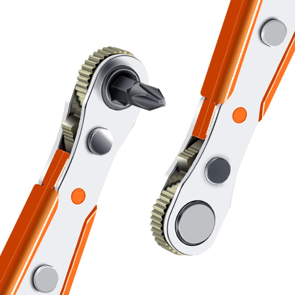 Loofu PH2 Phillips Magnetic Screwdriver, 4.5 Inch 1/4" Mini Ratchet Wrench, PH2 Screwdriver Bits with 1/4-Inch Drive High Torque Offset Reversible Mini Ratcheting Offset Screwdriver