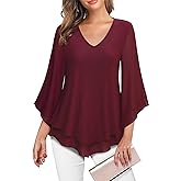 Lotusmile Womens Dressy Blouse Double Layers Mesh Shirt Ruffle 3/4 Flared Sleeve Tunic Tops