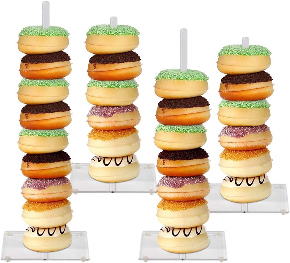 FOCCTS 4 Packs Acrylic Donut Holders, Doughnut Dessert Stand For Wedding Birthday Party, Clear Donut Bagels Display Stand Holder, Acrylic Donut Stands with Three Sizes 9'' 9'' 12'' 15''