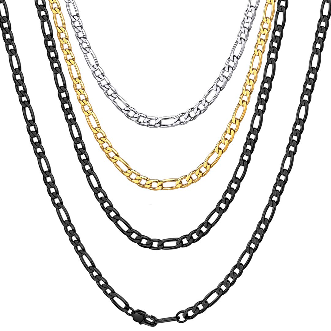 Mens Necklace Black Chain 4mm 18" Stainless Steel Neck Figaro Link Chains for Men — image 1