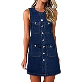 POLIRO Denim Dress for Women, Sleeveless Jean Dress Button Down Dresses Casual Summer Denim Mini Dresses with Pockets