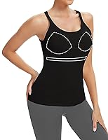 SLIMBELLE Built in Bra Workout Tank Tops for Women Gym Yoga Athletic Top Tight Racer Back Round Neck Sleeveless Cami Black XL