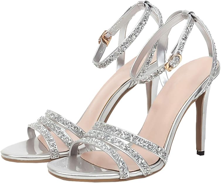 Femany Damen Stiletto High Heels Glitzer Sandalen mit Knöchelriemchen