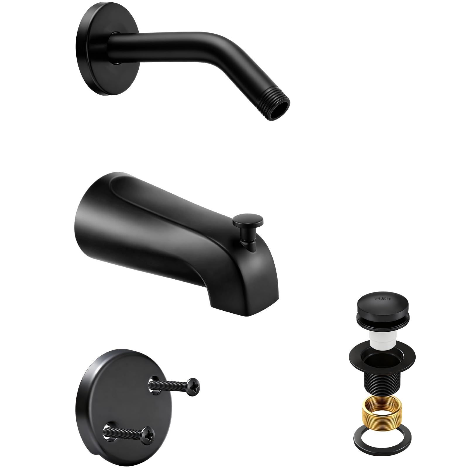 Photo 1 of 3 Piece Bathroom Fixture Set in Matte Black Shower Arm with Flange, Bathtub Drain, and 5-1/4 Inch Tub Spout Complete Upgrade Kit for Modern Bathrooms