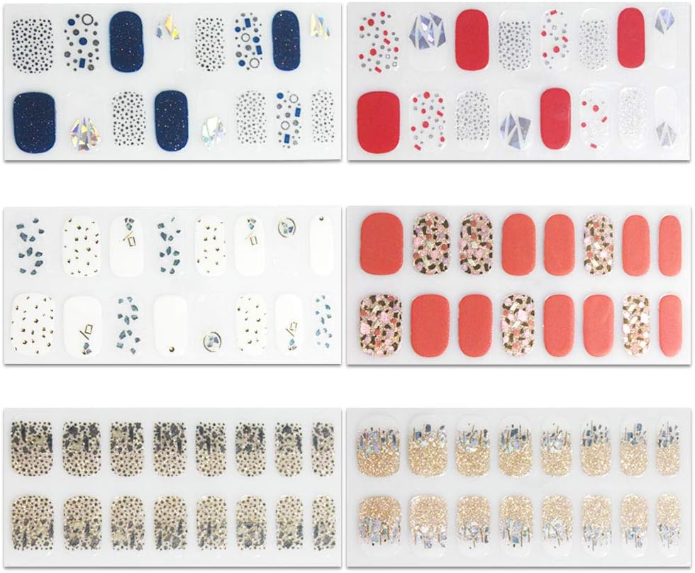 6 Sheets Full Nail Wraps Art Polish Stickers Decal Strips Adhesive False Nail Design Manicure Set With 1Pc Nail Buffers Files For Women Girls