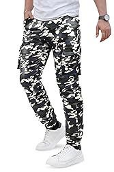 GINGTTO Mens Cargo Moto Pants White Camo Leather