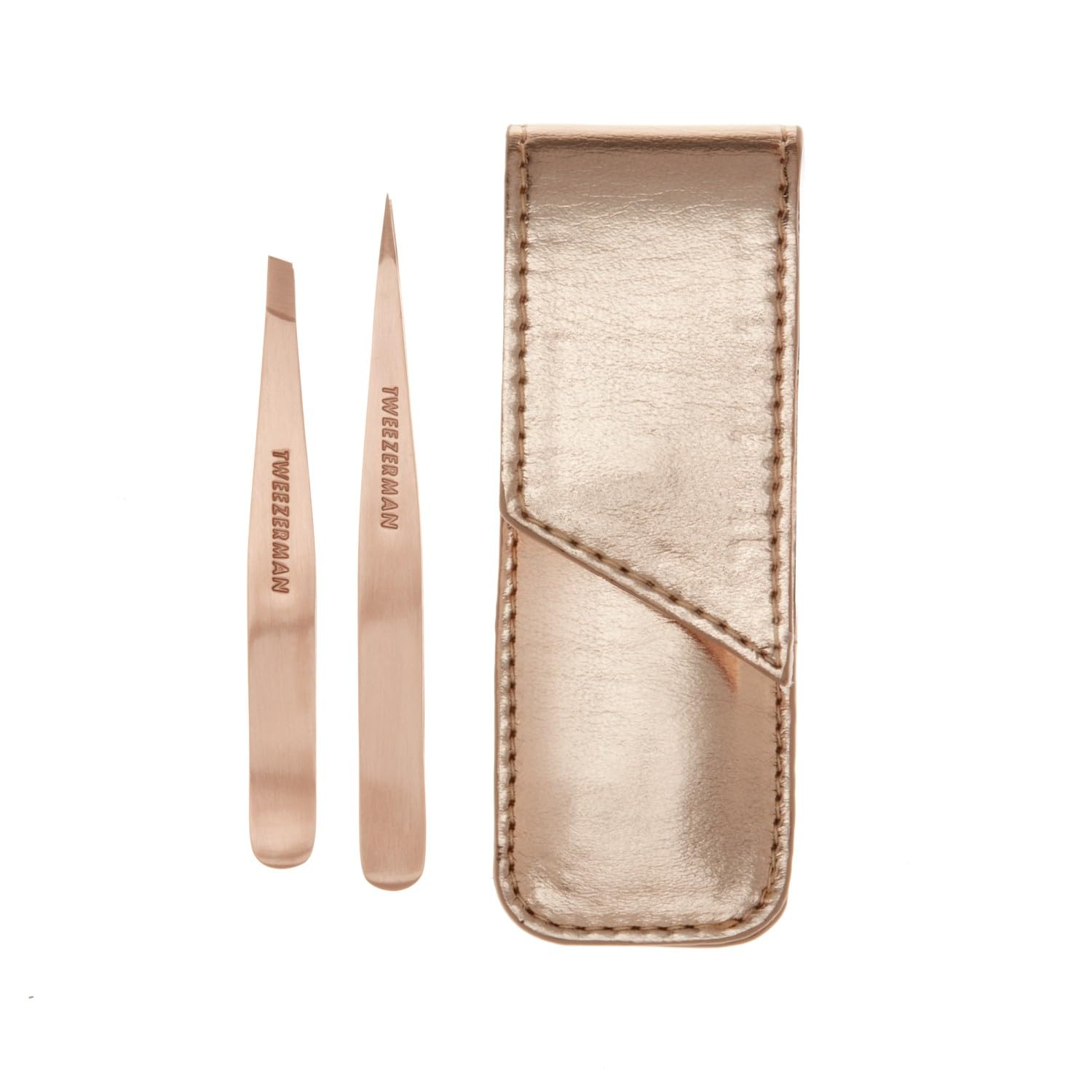 Tweezerman Rose Gold Petite Tweezer Set, Includes a Mini Pair of Slant & Point Tweezers, and a Rose Gold Protective Travel Case, (Pack of 3)