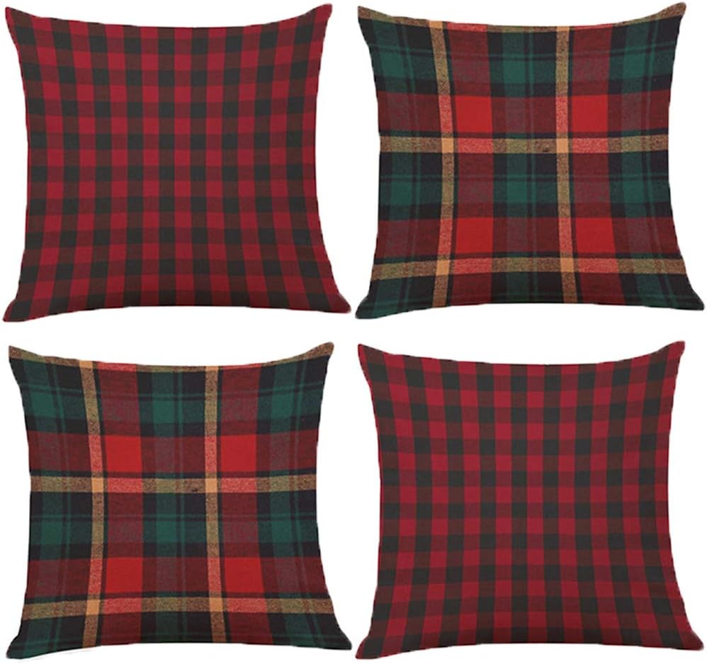 BCKAKQA Throw Pillow Case 18 x 18 inch Red Green Black Checked Cushion Covers 45cm x 45cm Set of 4 Soft Polyester Square Throw Pillow Covers for Living Room Sofa Couch Home Decor