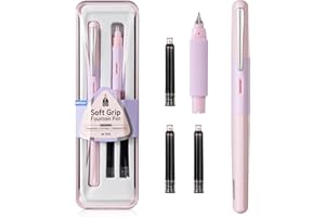 WRITECH Fountain Pen Soft Grip: Fine Nib Black Ink Pen with 3 Ink Cartridges and 1 Replacement Nib Set Smooth Writing for Journaling Calligraphy Gift (Pink)