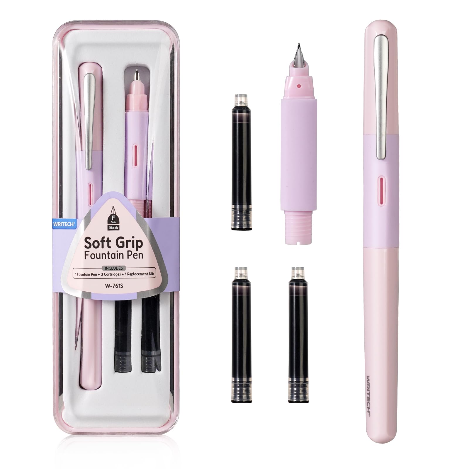 Photo 1 of WRITECH Fountain Pen Soft Grip: Fine Nib Black Ink Pen with 3 Ink Cartridges and 1 Replacement Nib Set Smooth Writing for Journaling Calligraphy Gift (Pink)