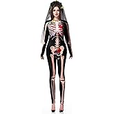 Xtinmee 2 Pcs Women's Day of the Dead Costume with Veil Headband Halloween 3D Skeleton Costume Set for Cosplay Party