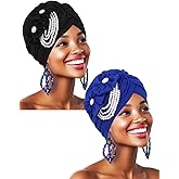 Woeoe 2 Piece Pearl Flower Turban Black Pre-Tied African Head Wraps African Hats for Women and Girls