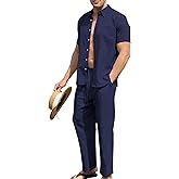URRU Men’s 2 Piece Linen Outfit Summer Beach Short Sleeve Button Down Shirt and Pants Set