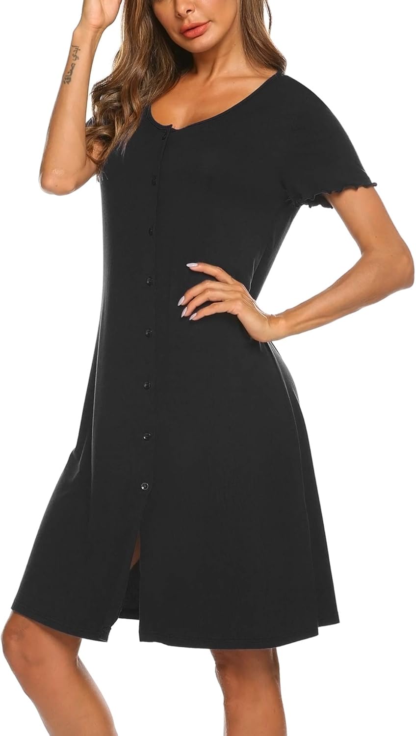 Ekouaer Women's Nightshirt Short Sleeve Button Down Nightgown V-Neck Sleepwear Pajama Dress at  Women’s Clothing store
