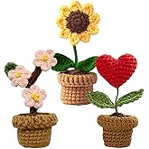 JOONOR 3PCS Mini Crochet Sunflower Potted Plant,Knitted Fake Plum Blossom for Bathroom Home Kitchen Rustic Table Centerpiece Shelf Decor