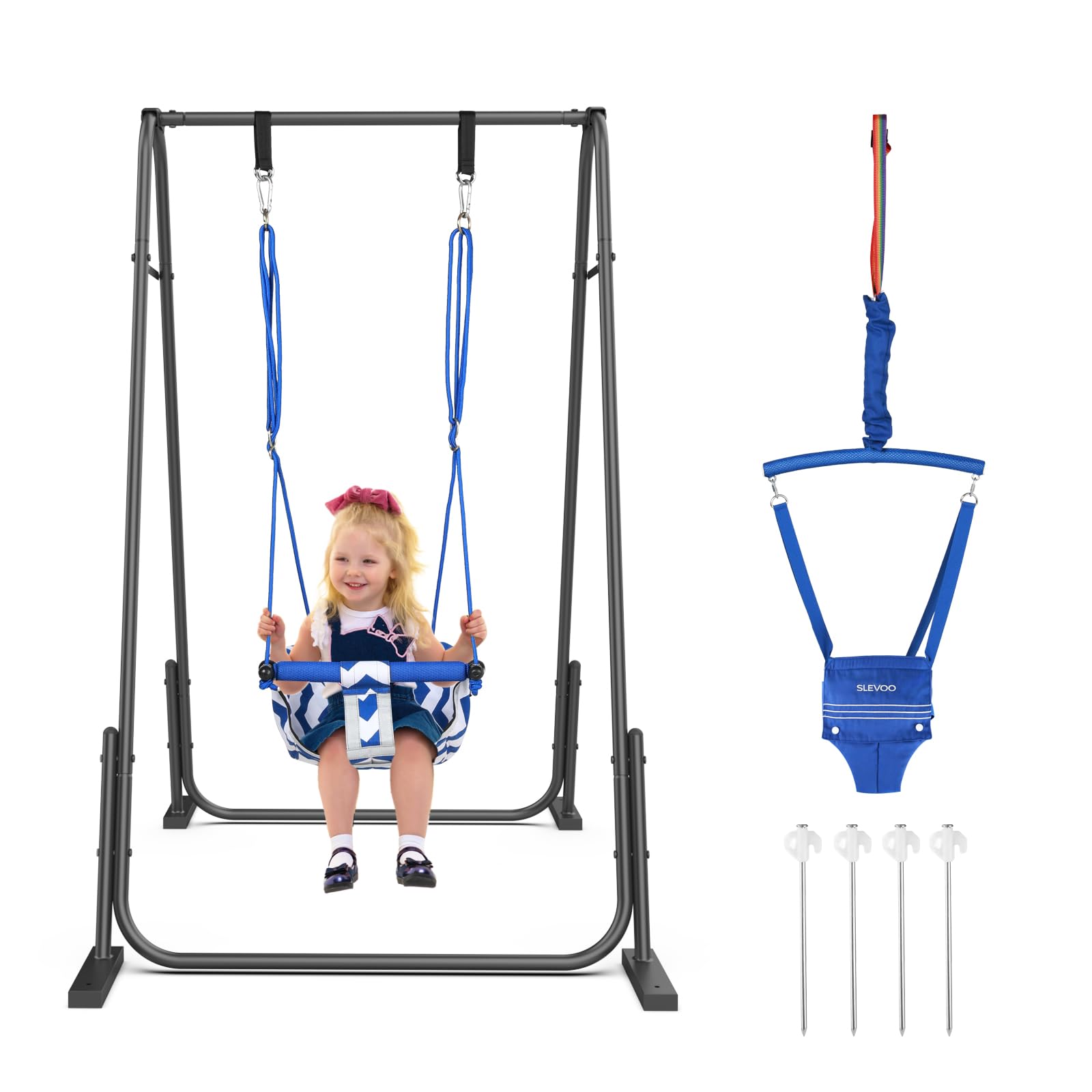 Slevoo 2 in 1 Baby Jumper and Swing, Toddler Swing Set with Foldable Stand, Ages 6 Months to 6 Years, for Indoor and Outdoor Fun, Blue