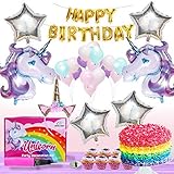 Unicorn Party Supplies | Gaint Unicorn Balloon | Party Favors with 26 Colorful Latex, Mylar Balloons, Birthday Banner, Unicorn Horn Glitter Headband, Air Pump & String in Box