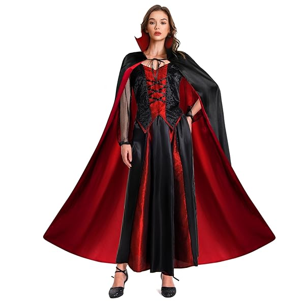 Costume Halloween Femme Costume Vampire Festicy - Cape Noire/Rouge Avec Dents & Faux Sang (Halloween) Cape Halloween Vampire
