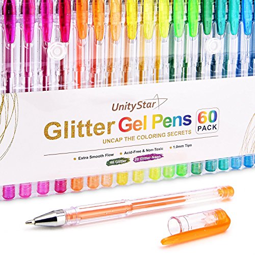 Gel Pen, UnityStar 60 Glitter Gel Pens for Adult Coloring,Doodling,Scrapbooks,Crafts, Assorted Sparkly Colors & Storage Case