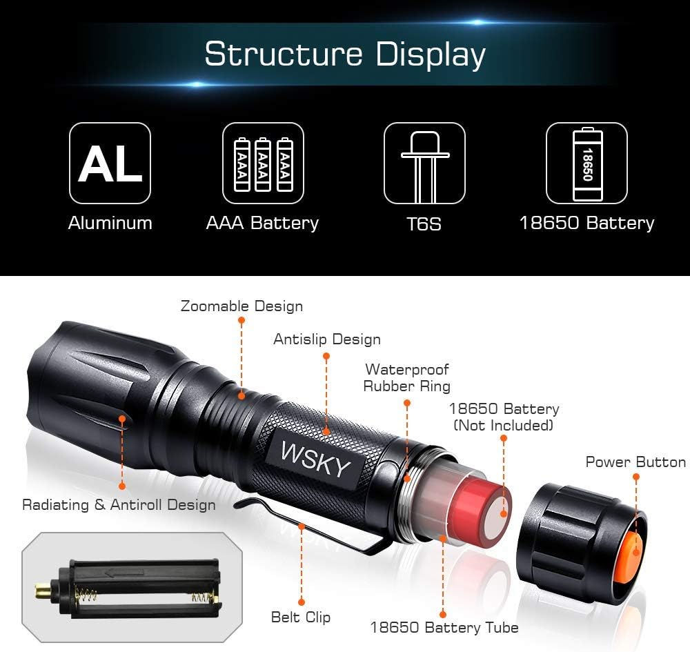 Wsky LED Tactical Flashlight - Best Upgraded S2000 Pocket-friendly Water Resistant Flashlight - Perfect for Camping Biking Home Emergency or Gift-Giving (Batteries Not Included) - - 