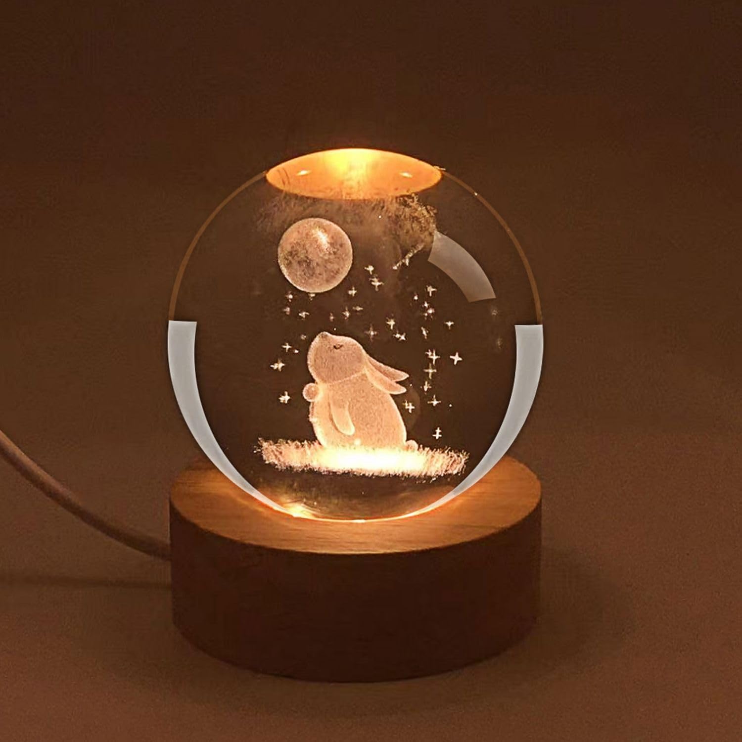 Crystal 3D Sculpted Rabbit Decorative Crystal Ball Night Light, 6cm Tri-color LED Glass Ball USB Night Light with Wooden Base, Bedroom Decoration Gift