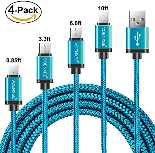 VOENXEE Micro USB Cable, 4Pack [0.85FT 3.3FT 6.6FT 10FT] Short to Long Nylon Charging Cord Data Sync Charger Cables for Power Bank,Windows,PS4,Xbox One Controller,Camera,Samsung,Nokia (Blue-4 Pack)
