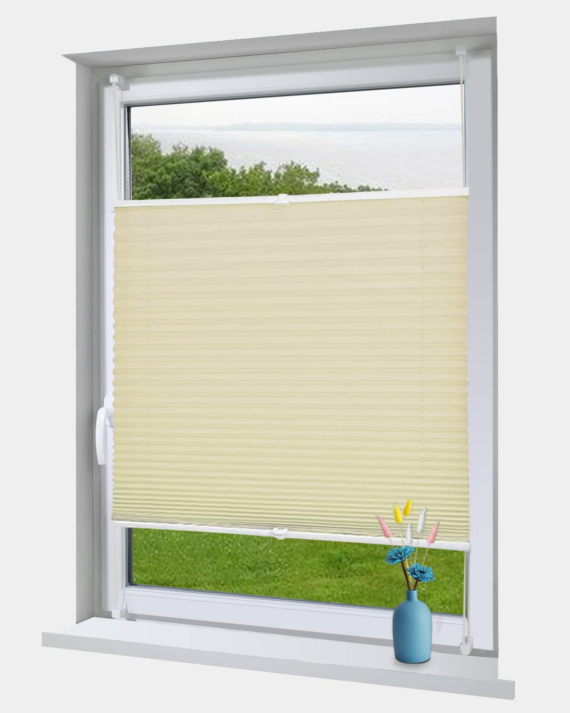 OBdeco Pleated Roller Blind with Klemmfix No Drilling Translucent Crushed Look Folding Blind for Windows and Doors Easyfix Cream 105 x 130 cm