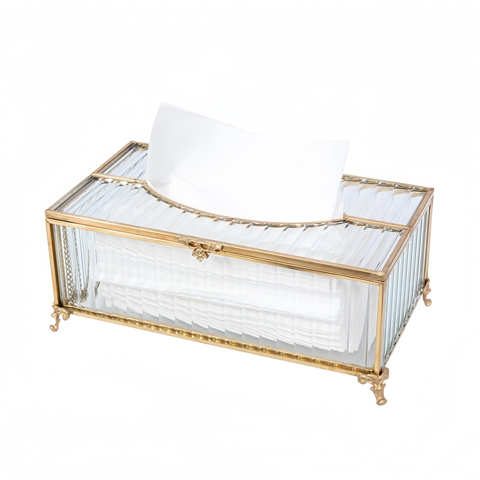 SLHEQING Cosmetic Tissues Box Gold Tissue Box Cover Rectangular Napkin Storage Box Glass and Metal Tissue Box Holder for Dresser Bathroom Decor (Vertical Glass)