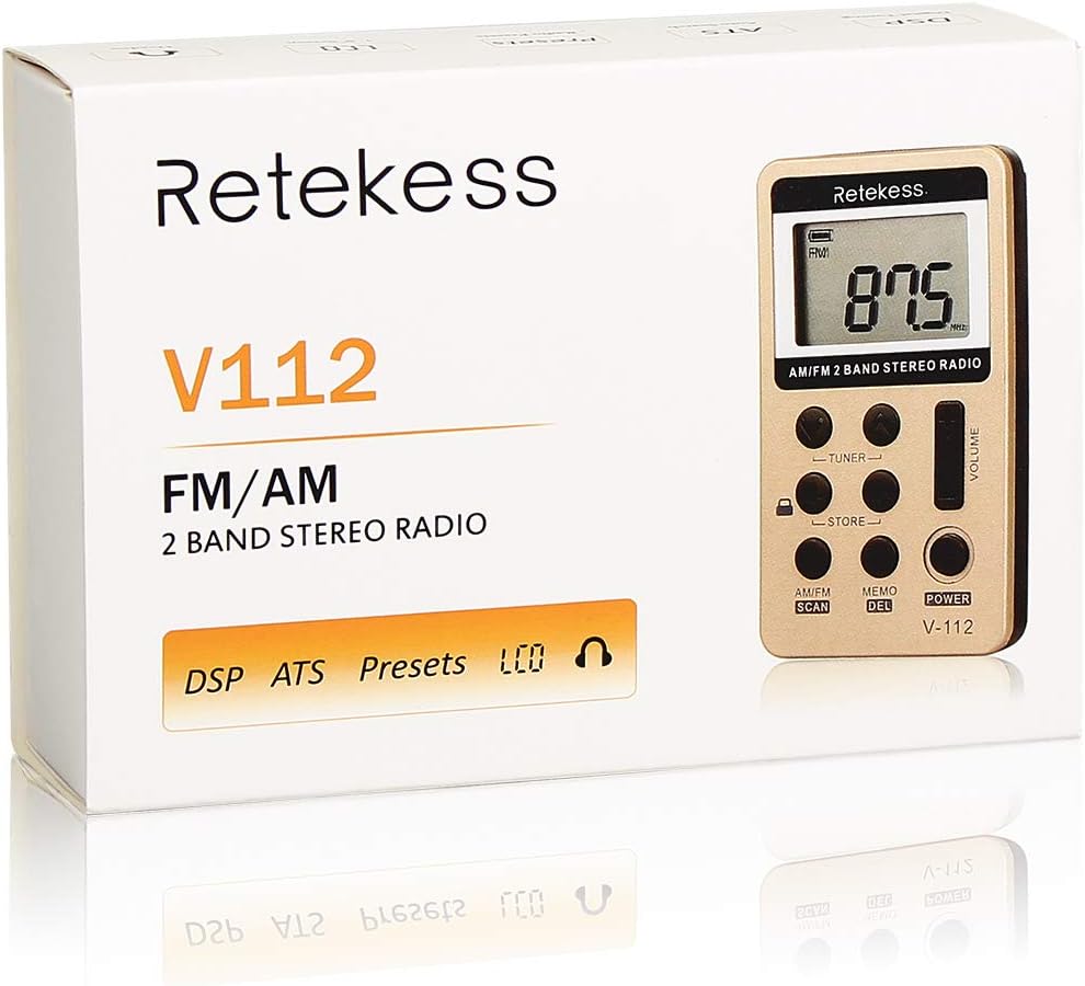 Retekess V112 AM FM Radio Portable Mini Radio with Earphone Pocket Digital Tuning Rechargeable Battery LCD Display for Walking Jogging(Gold)