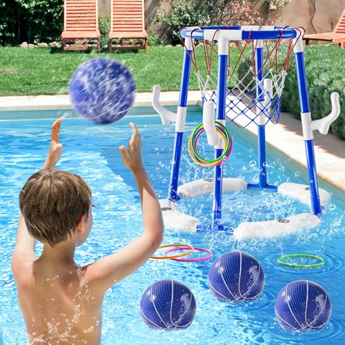 Uniiking® Pool Basketball Hoop Toys for Adult, Summer Outdoor Swimming Pool Games Water Play Toys Family Party for Kids, 2 in1 Pool Basketball Hoop & Ring Game with 4 Balls 12 Rings & Pump, Blue
