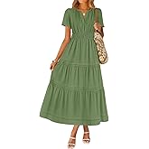 ZESICA Women's Summer Casual Short Sleeve Midi Dresses 2026 V Neck Elastic Waist Tiered Flowy Boho Dress with Pocket
