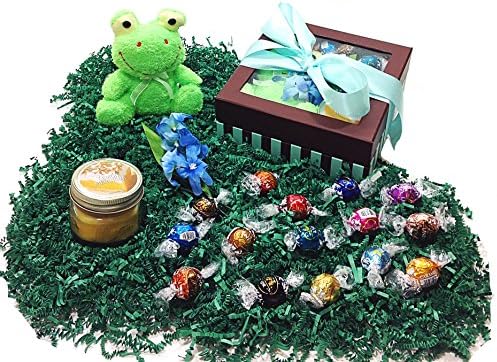 Blue Ribboned Easter or Mothers Day Gift Basket Box - Lindt Lindor Gourmet Chocolate Truffles, Candle, Plush Frog &amp; Floral Accent (LM)