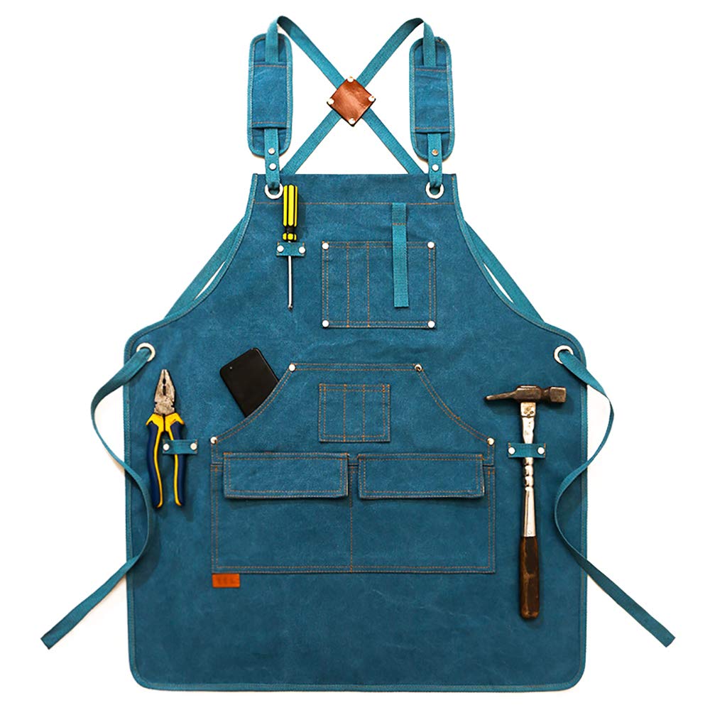 aolaso Canvas Tools Apron, Heavy Duty Work Apron with Pockets, Carpenters Apron for Men, with Cross-Back Straps (Blue)